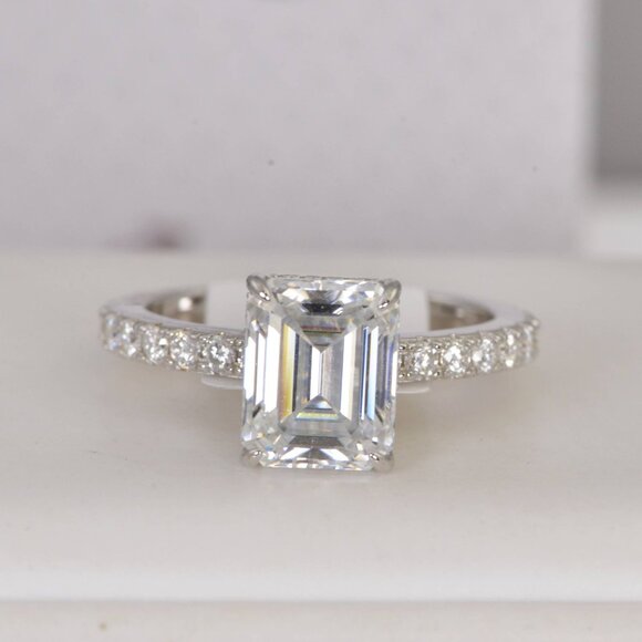 Certified 4.6ct Emerald Cut with Hidden Halo Moissanite Ring 925 Sterling - Picture 10 of 16